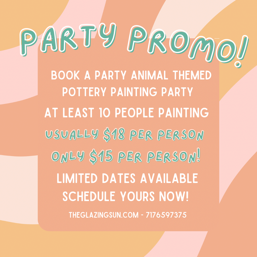 
                      
                        Book a Party Animal Pottery Painting party!
                      
                    