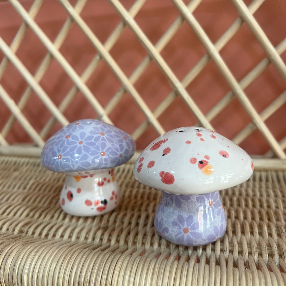 Lavender // white Daisy Mushroom Salt and Pepper shakers