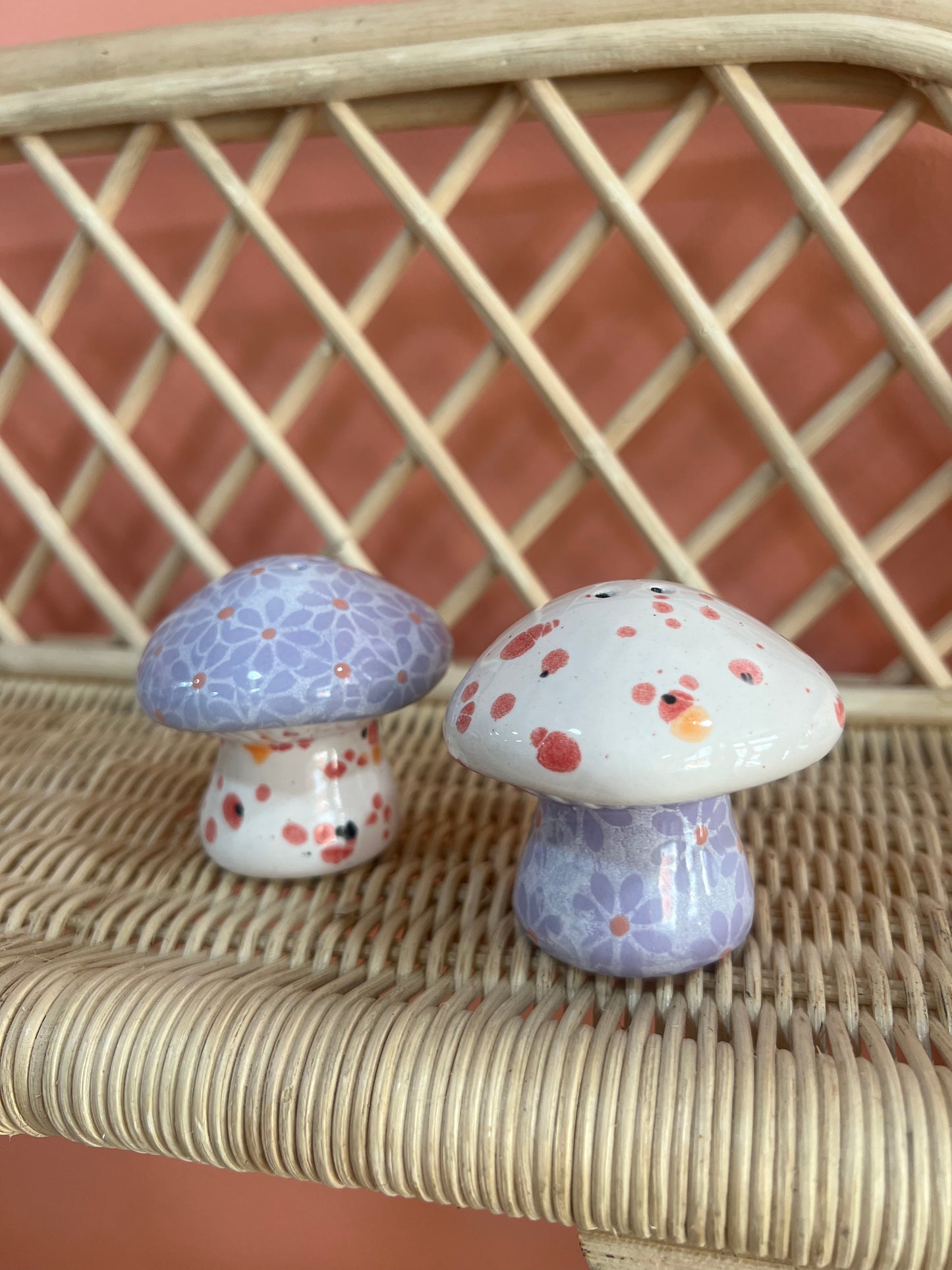 Lavender // white Daisy Mushroom Salt and Pepper shakers