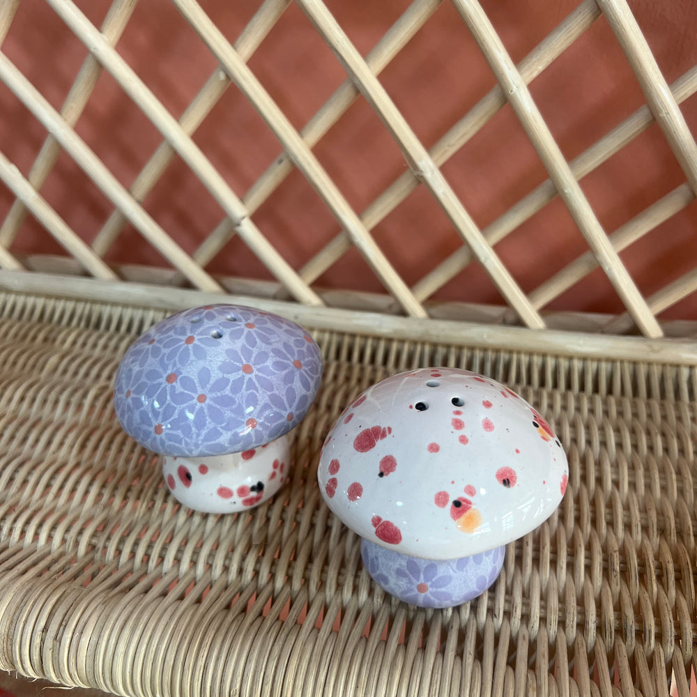 Lavender // white Daisy Mushroom Salt and Pepper shakers