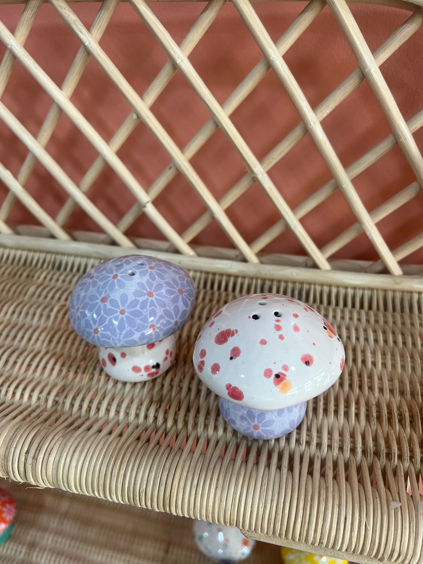 Lavender // white Daisy Mushroom Salt and Pepper shakers