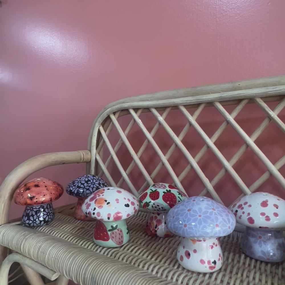 
                      
                        Load and play video in Gallery viewer, Lavender // white Daisy Mushroom Salt and Pepper shakers
                      
                    